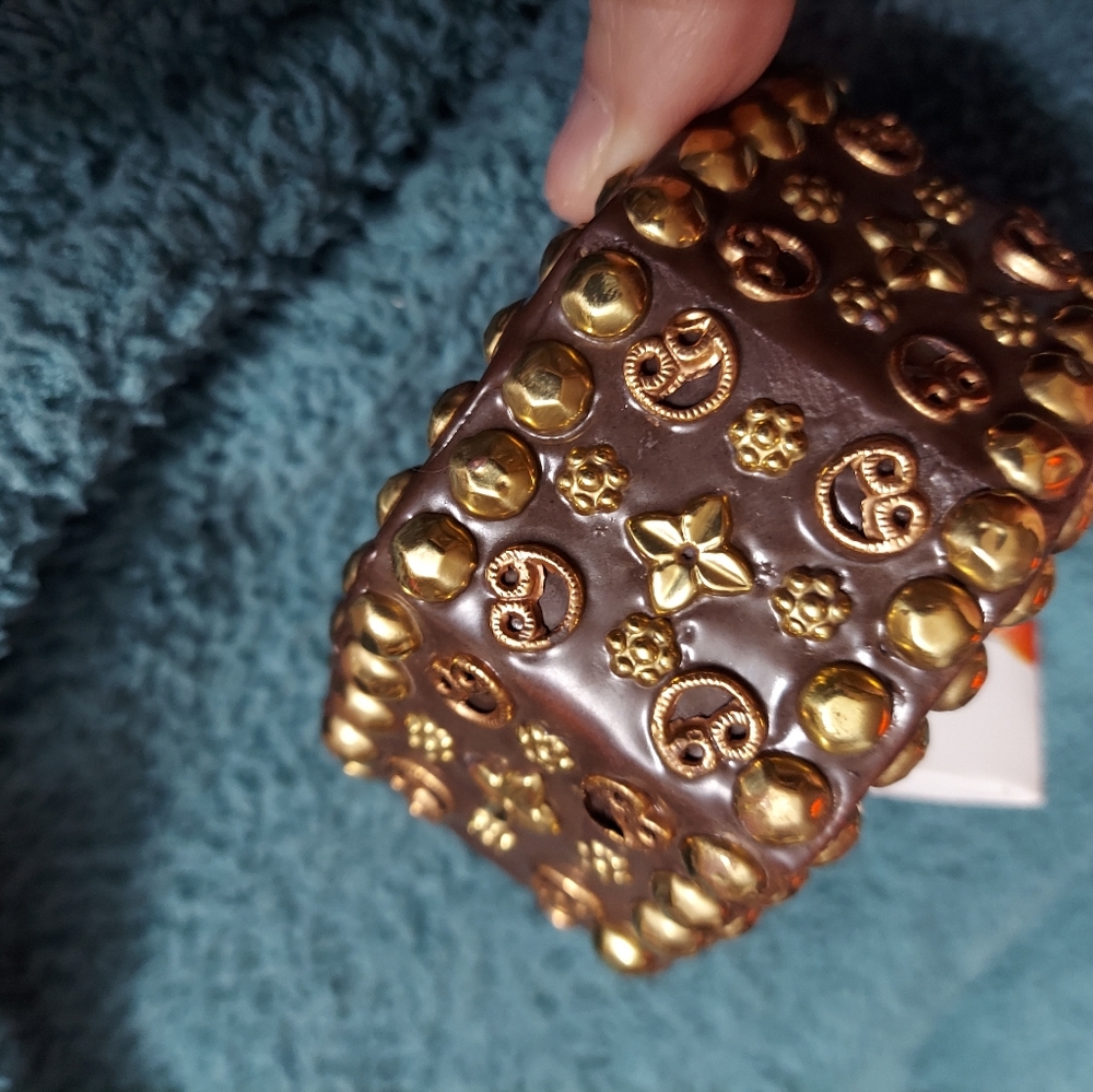 Antika Boho Style Gold Studded/Wood (Golden Chocolate) Wide Bangle Bracelet